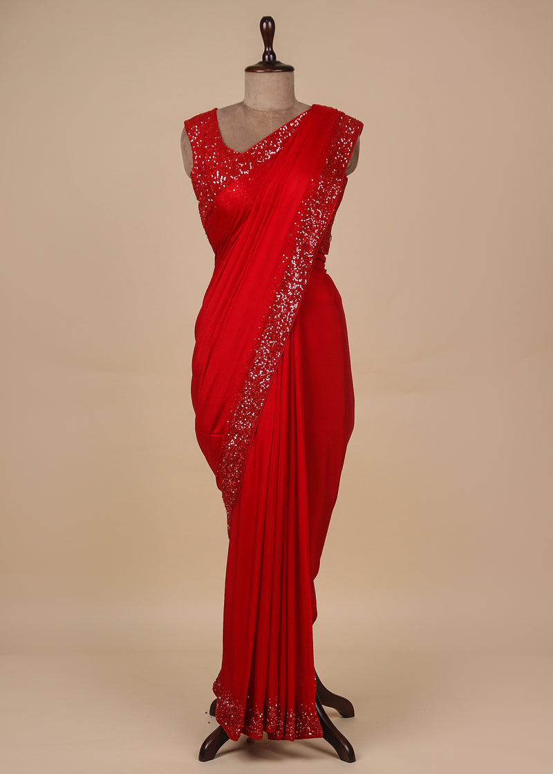 Red Chiffon Embroidered Saree