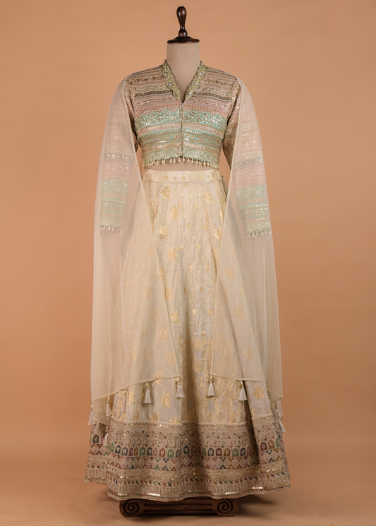 Cream Crepe Silk Lehenga | Greenways Delhi