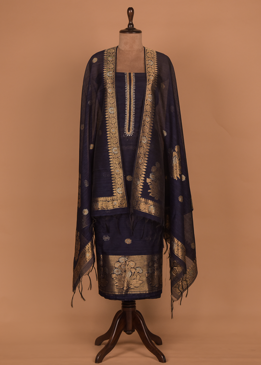 Blue Cotton Tussar Dress Material