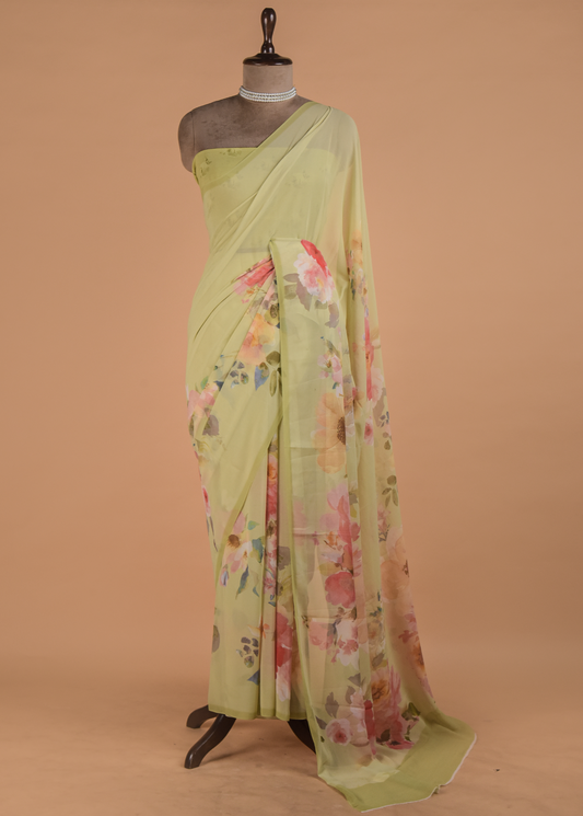 Green Printed Georgette Saree | Greenways Delhi