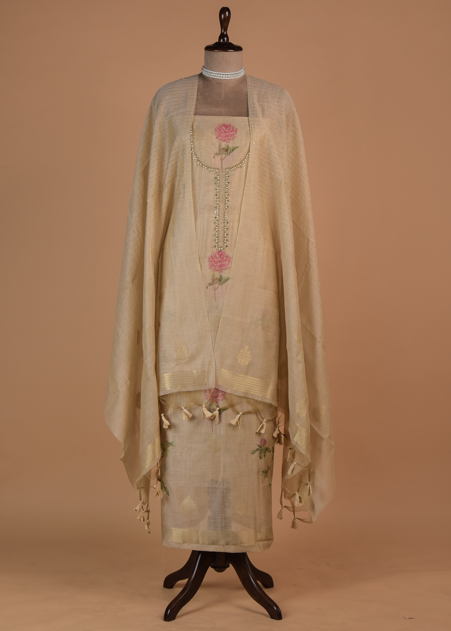 Beige Chanderi Cotton Dress Material