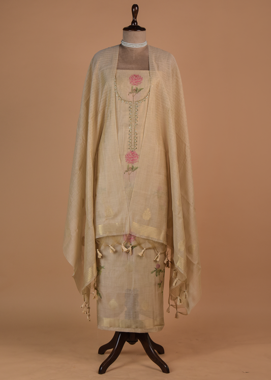 Beige Chanderi Cotton Dress Material