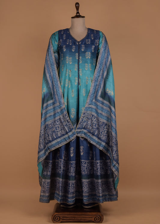 Blue Tussar Anarkali Set