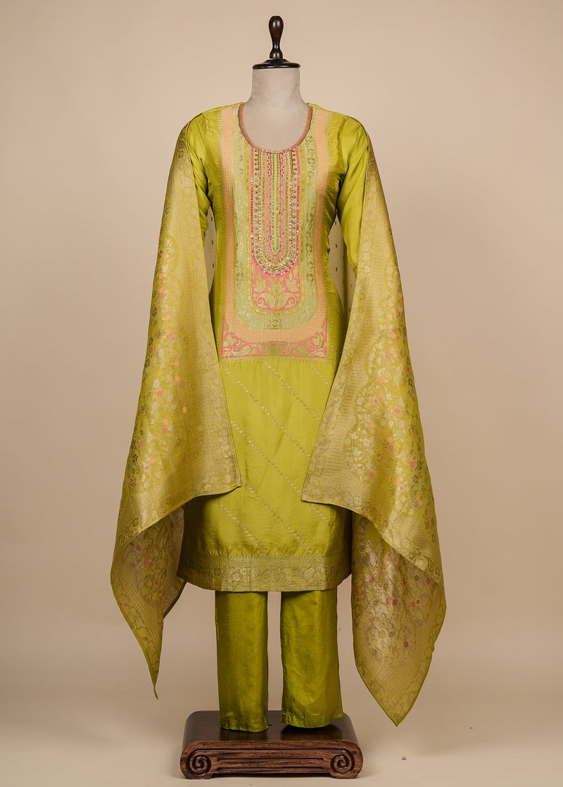 Green Cotton Silk Straight Set