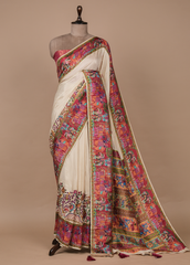 Cream Crepe Silk Embroidered Saree