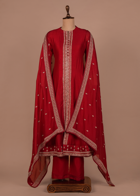 Red Cotton Silk A Line Set