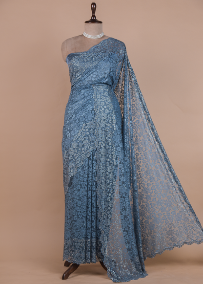 Blue Chantily Lace Embroidered Saree