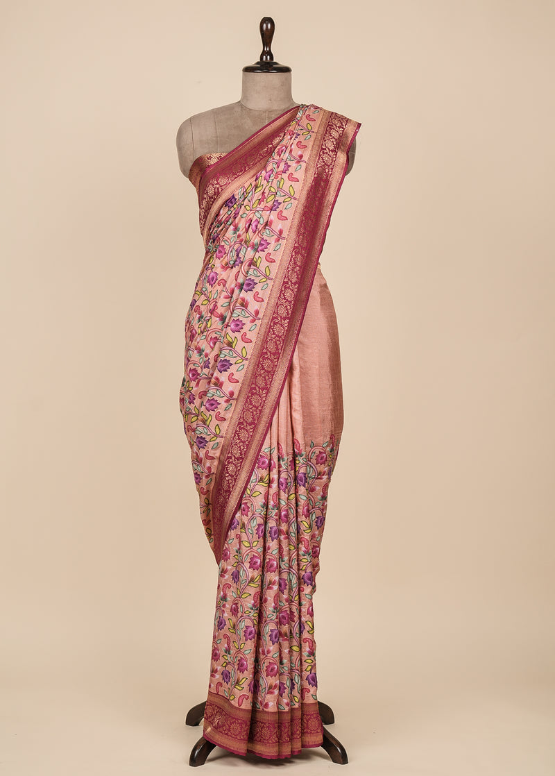 Peach Crepe Silk Embroidered Saree