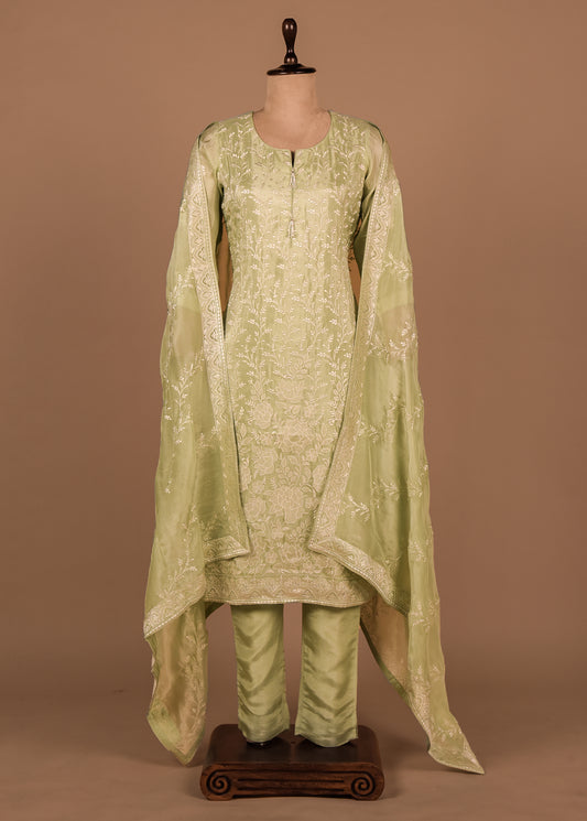Green Cotton Silk Straight Set