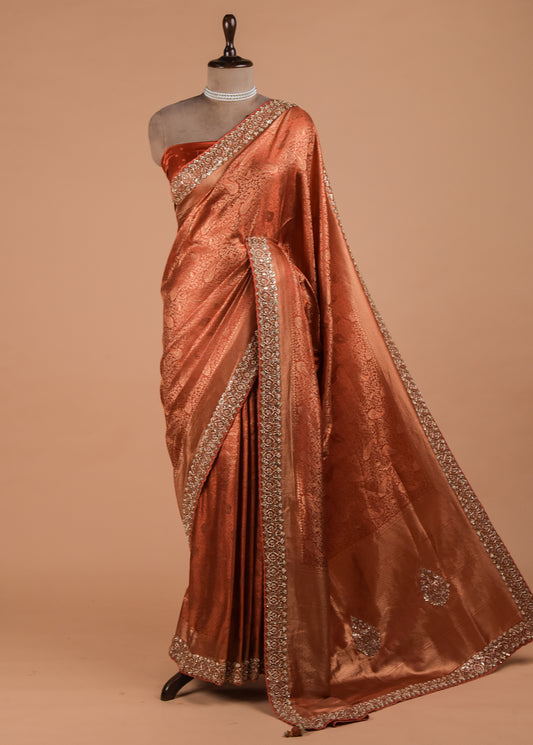 Orange Crepe Silk Embroidered Saree