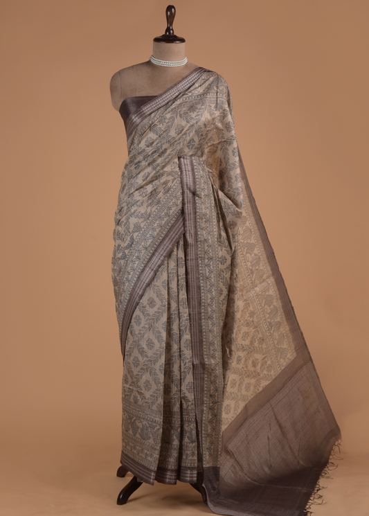 Brown Tussar Printed Saree