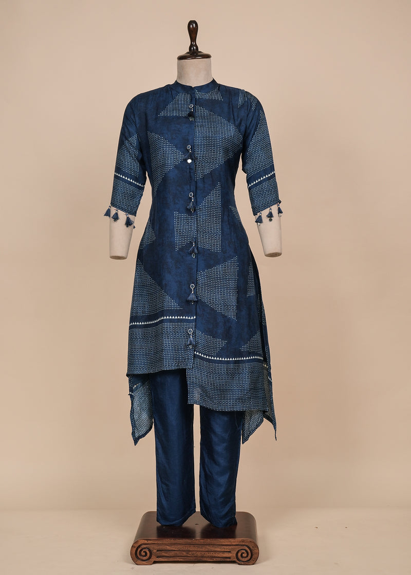 Blue Muslin Crepe Kurti Set