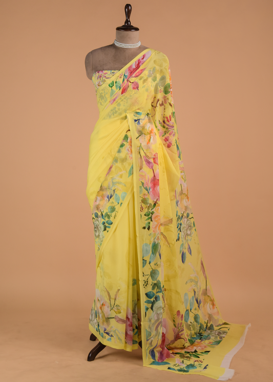 Yellow Chiffon Printed Saree