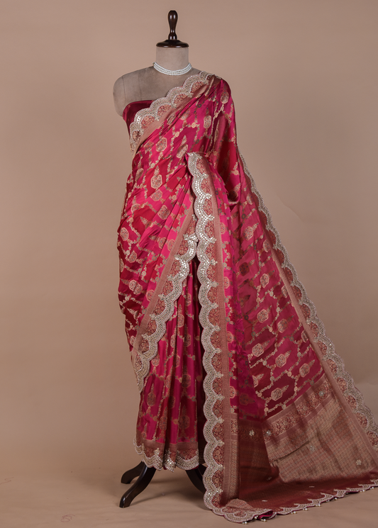 Red Moroccan Silk Embroidered Saree