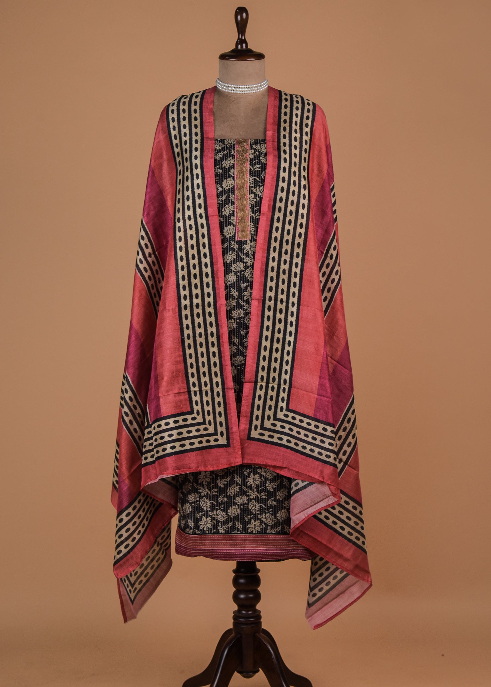 Black Tussar Cotton Dress Material