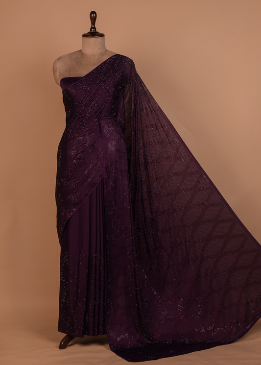 Wine Satin Embroidered Saree