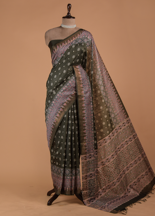 Green Cotton Tussar Printed Saree