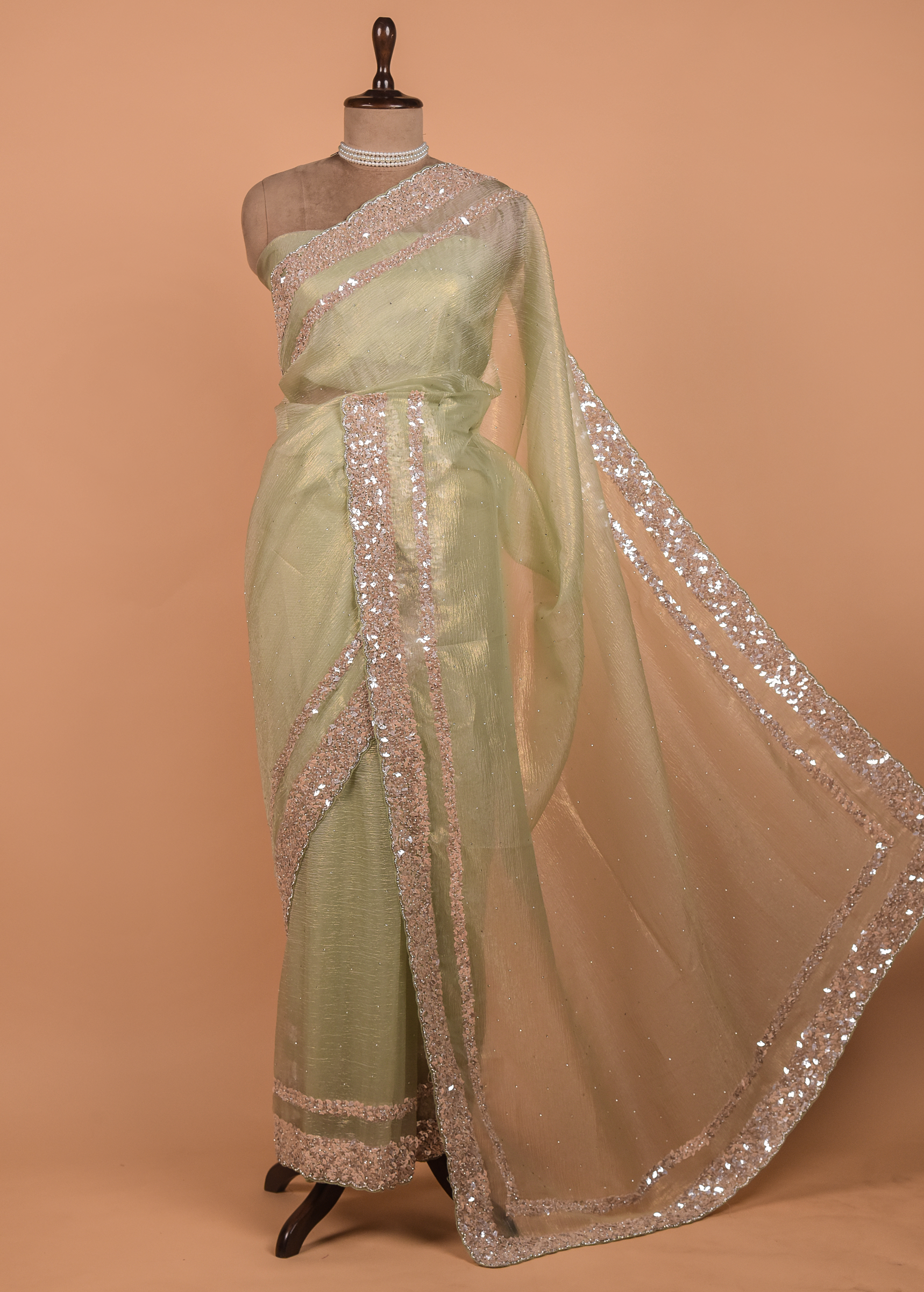 Green Tissue Georgette Embroidered Saree