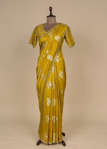 Yellow Chinia Silk Embroidered Saree
