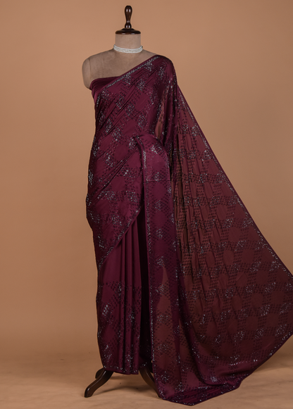 Wine Satin Embroidered Saree