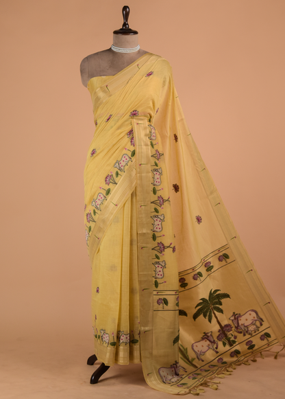 Yellow Cotton Banarasi Saree