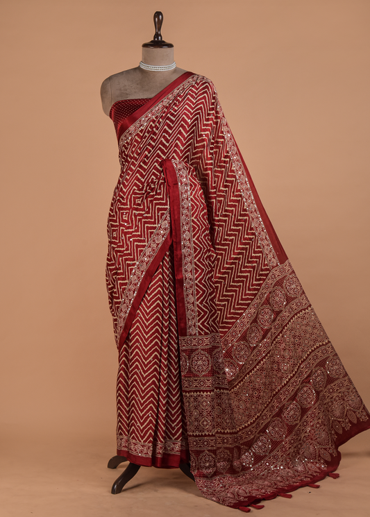 Red Hand Embroidered Crepe Silk Saree | Greenways Delhi