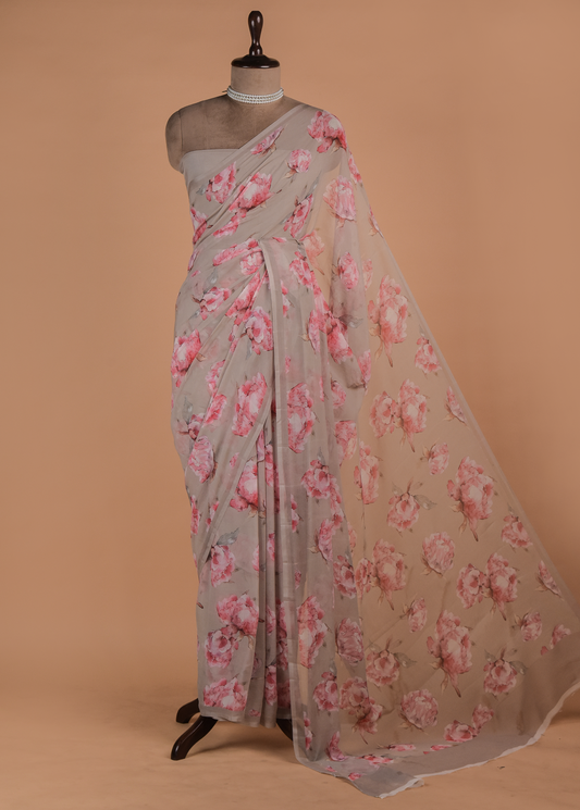 Grey Chiffon Printed Saree