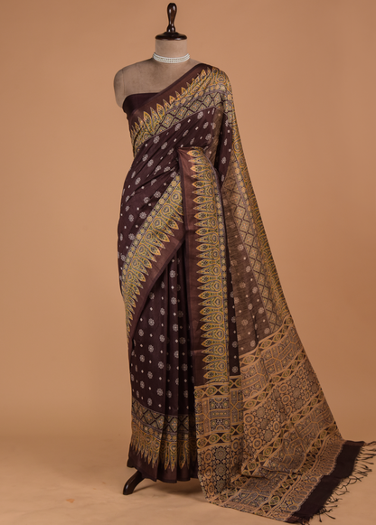 Brown Cotton Tussar Printed Saree