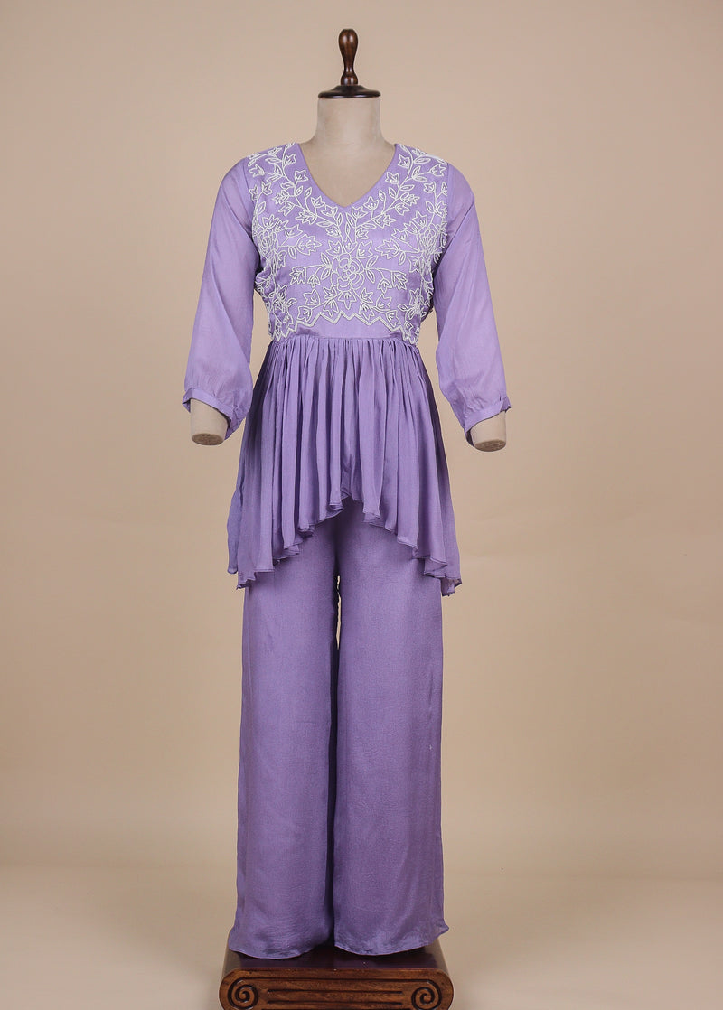 Purple Satin Crepe Peplum Pants Set