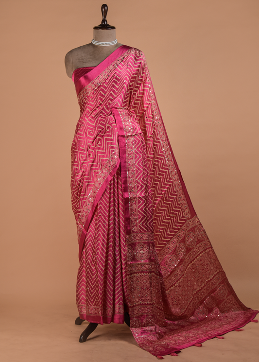 Pink Hand Embroidered Crepe Silk Saree | Greenways Delhi