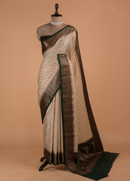 Cream Art Crepe Banarasi Saree
