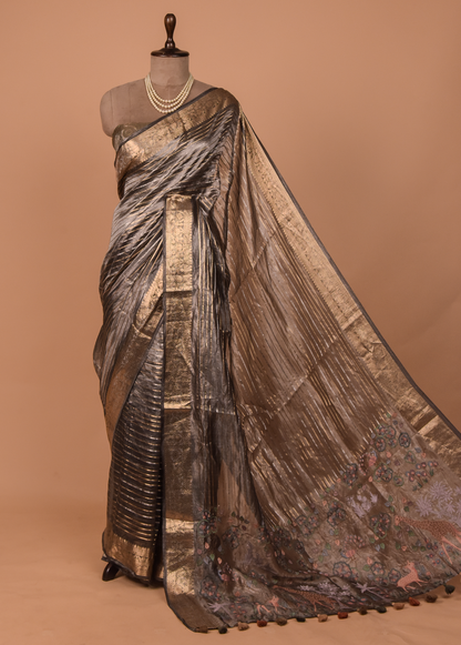 Grey Tissue Embroidered Saree