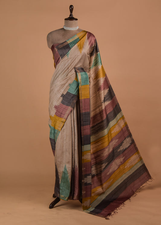 Cream Tussar Printed Saree