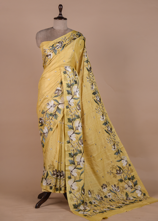 Yellow Tussar Embroidered Saree