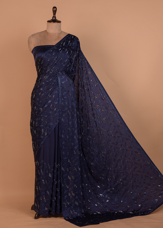 Blue Satin Embroidered Saree