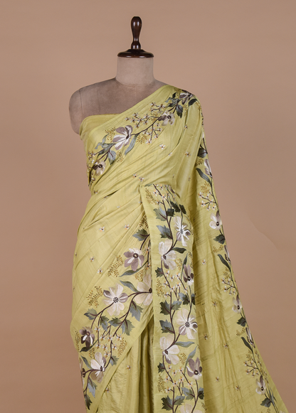 Green Tussar Embroidered Saree