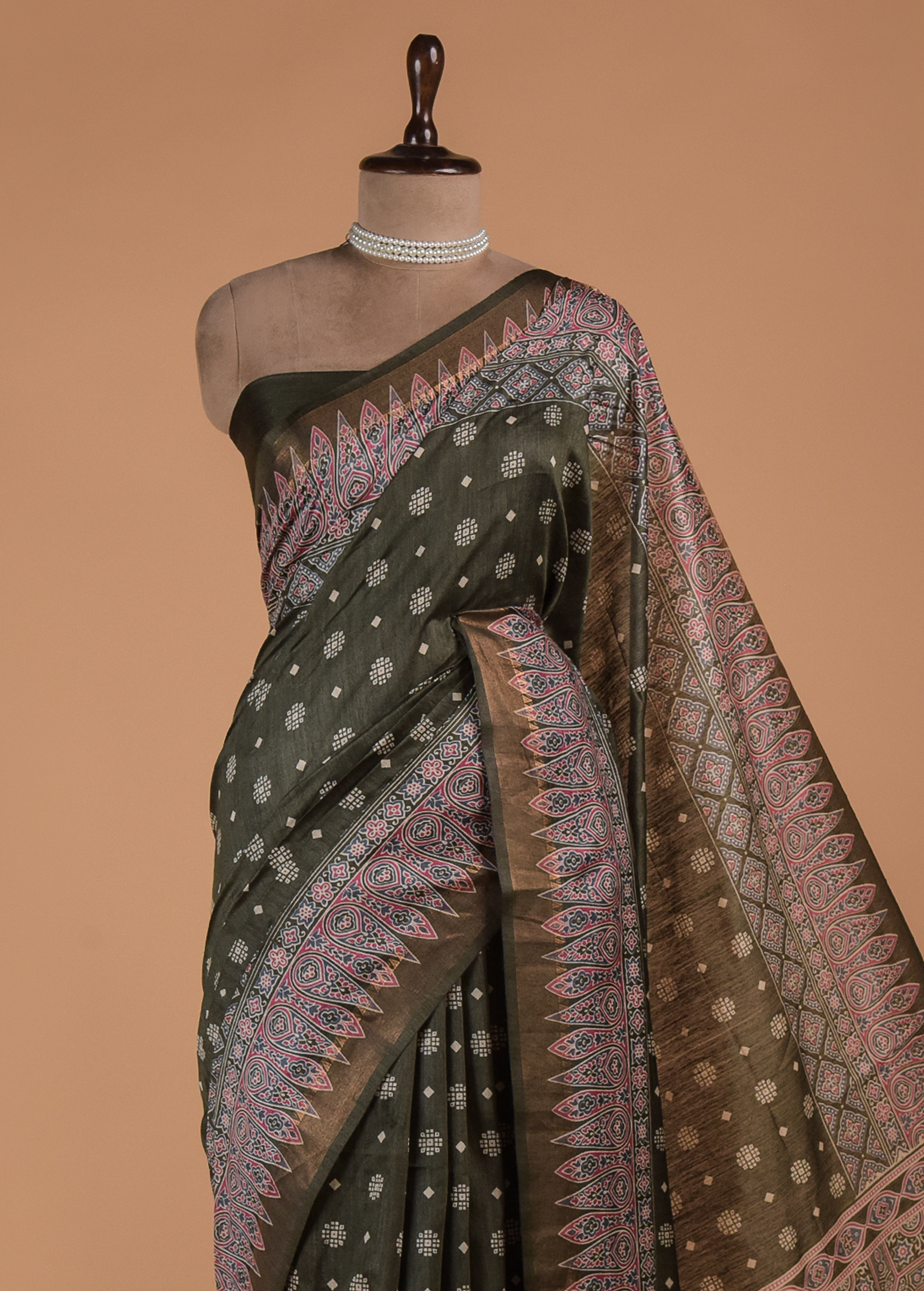Green Printed Tussar Silk Saree | Greenways