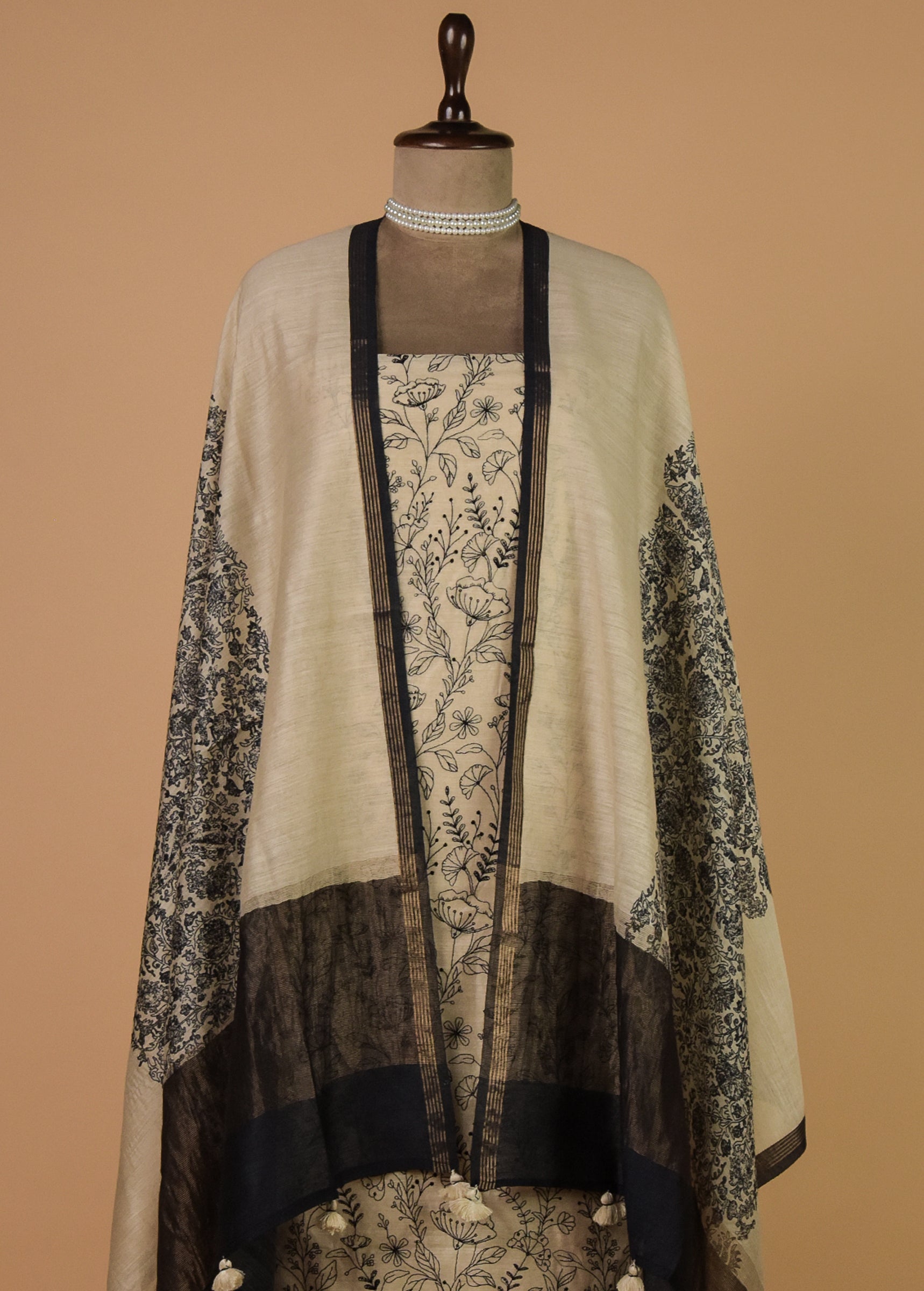 Cream Munga Tussar Dress Material