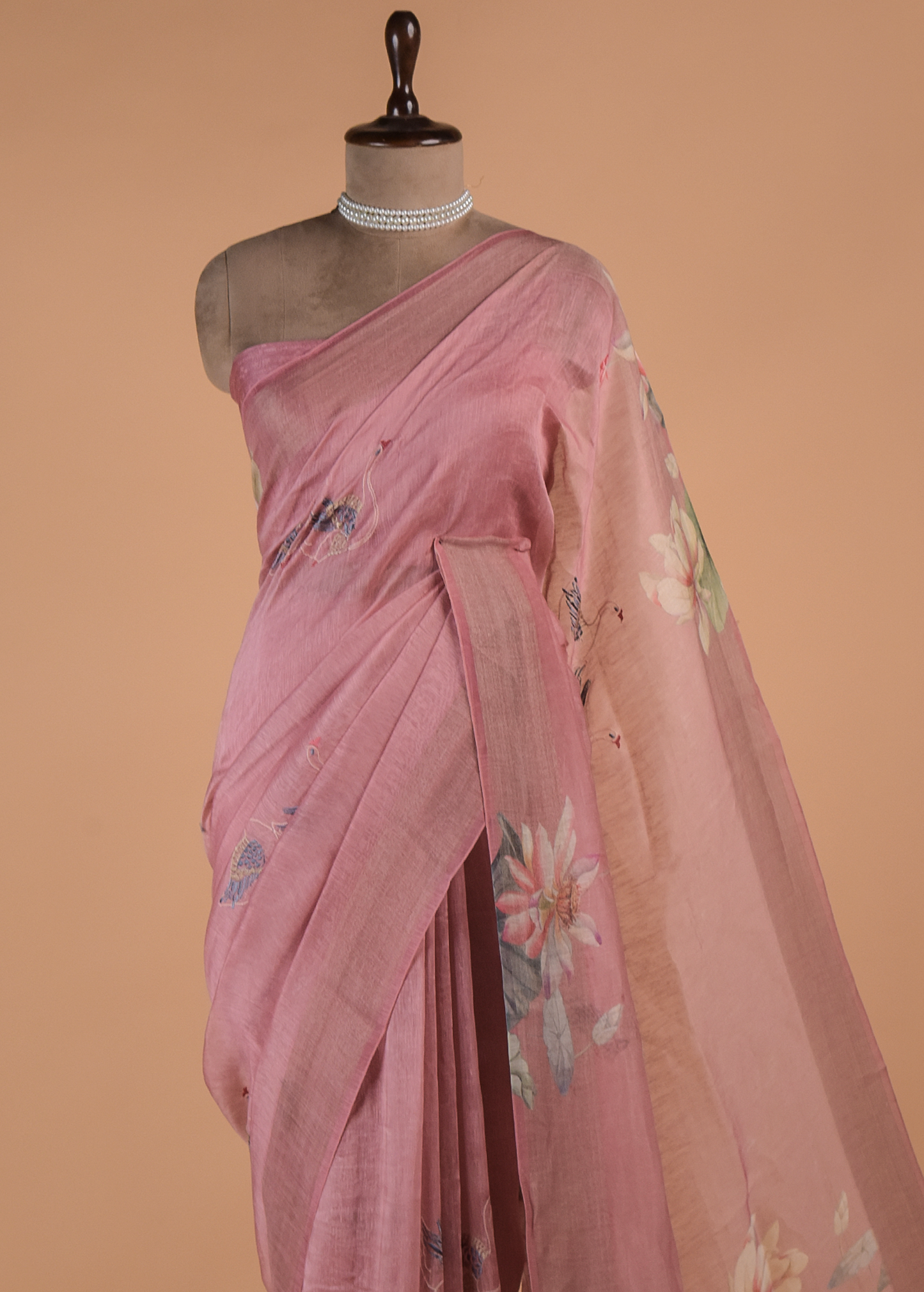 Pink Linen Embroidered Saree