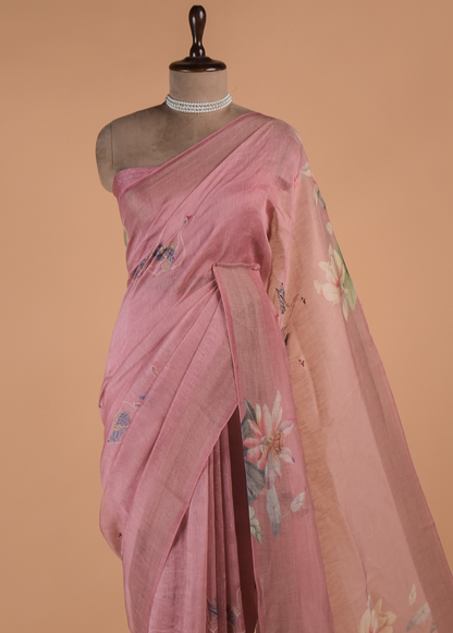Pink Linen Embroidered Saree