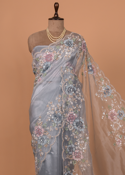 Blue Organza Embroidered Saree