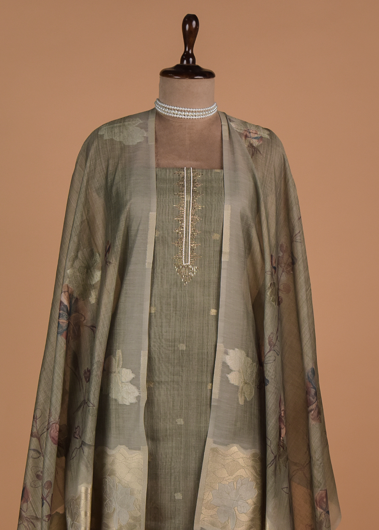 Green Chanderi Cotton Dress Material