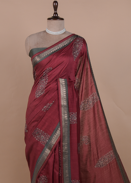 Red Tussar Embroidered Saree