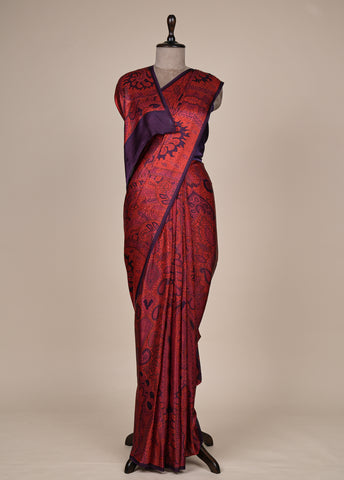 Red Satin Printed Saree