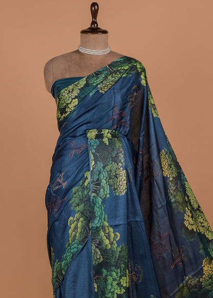Blue Satin Printed Saree