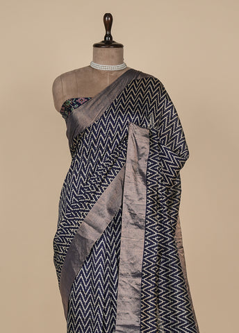 Blue Tussar Printed Saree