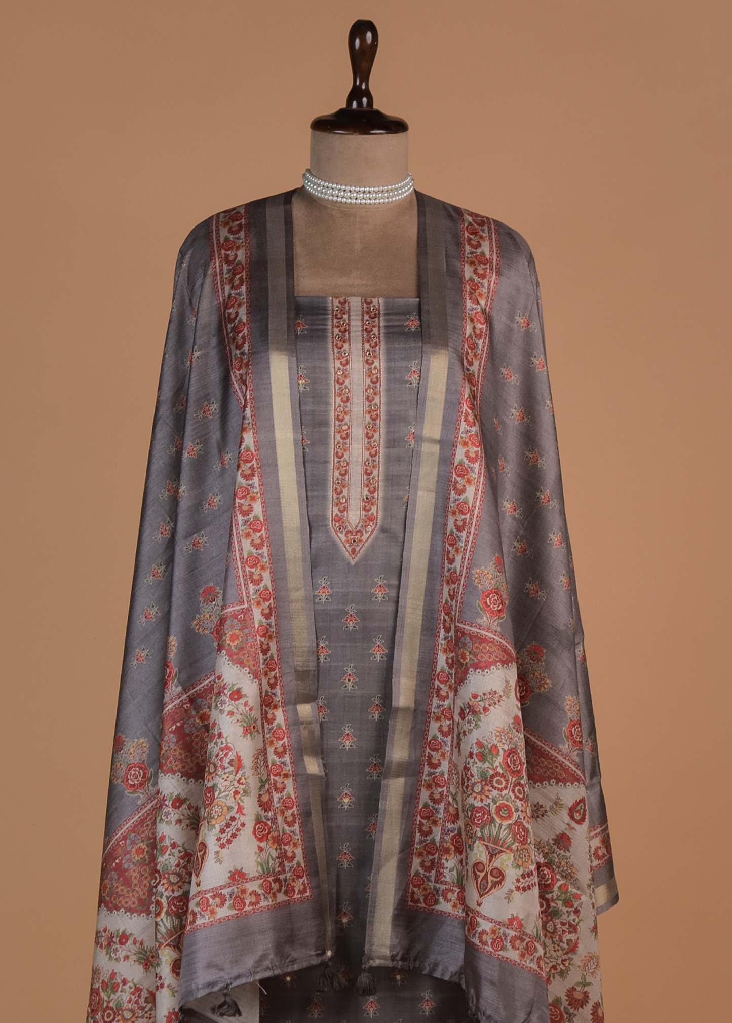 Grey Cotton Tussar Dress Material