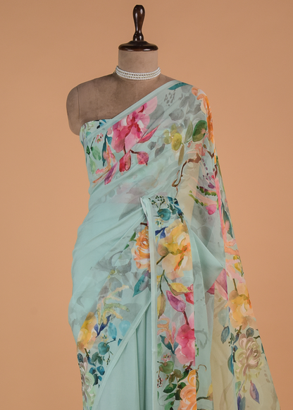 Blue Chiffon Printed Saree