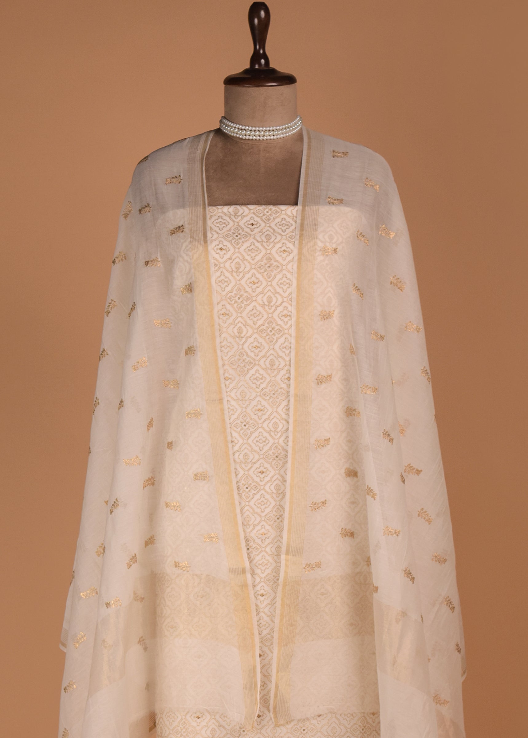 White Mul Chanderi Dress Material