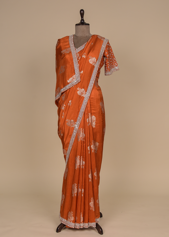 Orange Chinia Silk Embroidered Saree